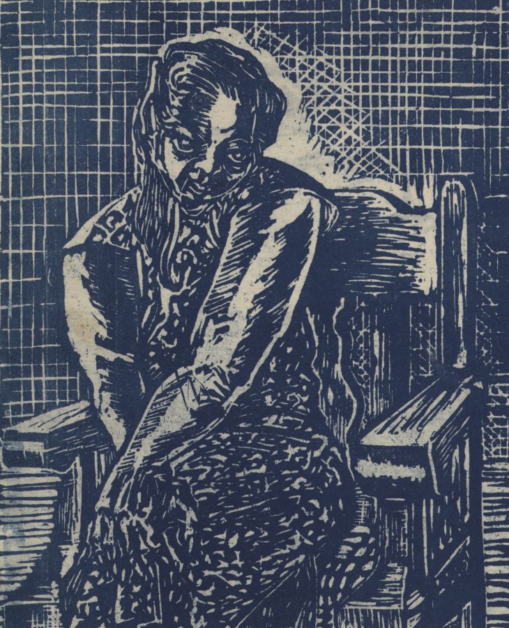 Woodcut depiction of a seated woman in a cheongsam.